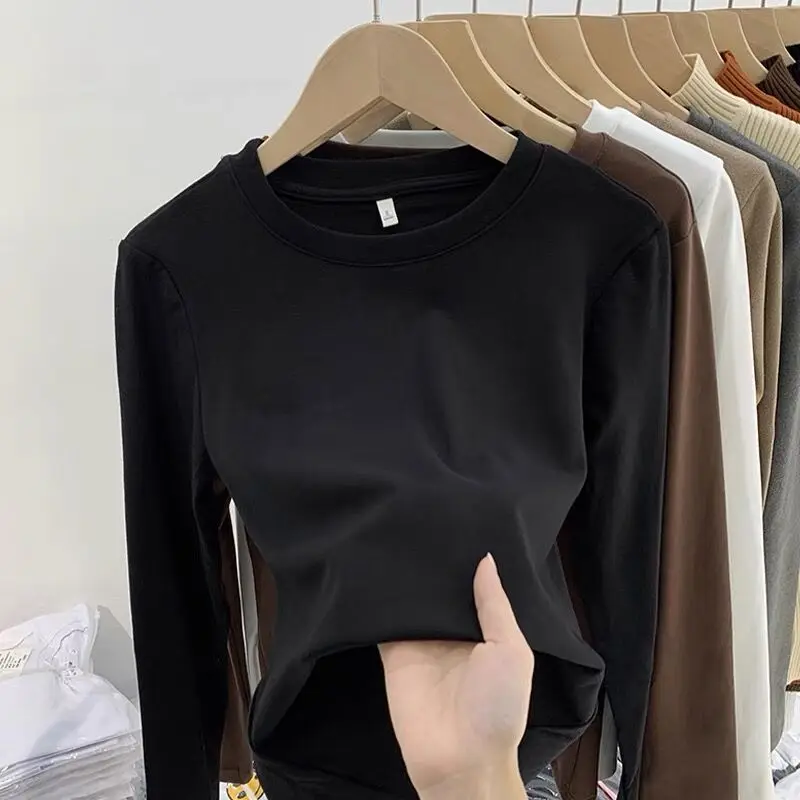 

Женская круглая футболка Ne Base irt Fce Lined Thi Long Sve Pure Color для похудения, внутренняя одежда, корейская футболка Sle Commute Faion