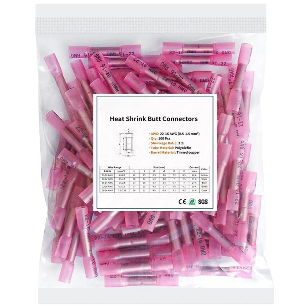 Heat Shrink Butt Connectors,22-16 AWG 100 Pcs Red Marine Grade Insulated Crimp Wire Connectors,Waterproof Electrical Connectors