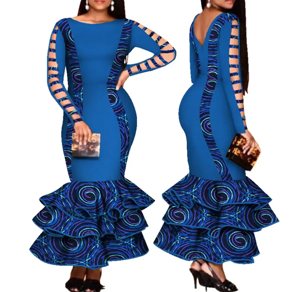 African Dashiki Dress for Women Hollow Bandage Sleeve Long Mermaid Dress Women Sexy Backless Long Evening Dress Maxi Dress WY426