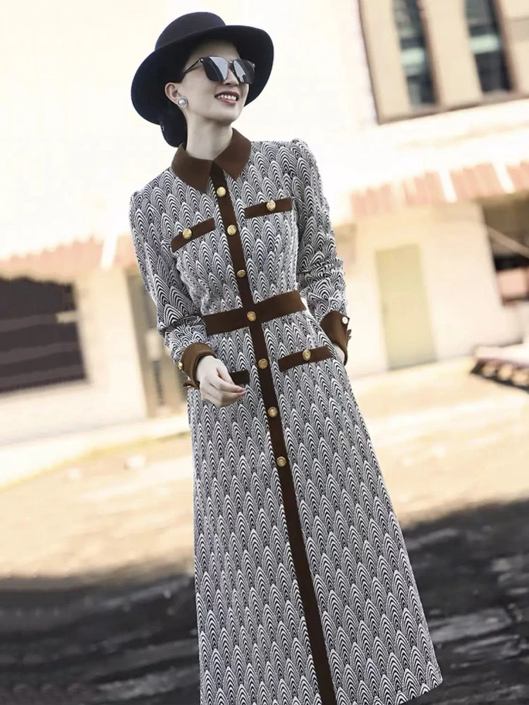 Spring and Fall New High-end Temperament Vintage Slim Lapel Patchwork Dress Commuter Button Fashion Print Maxi Dress