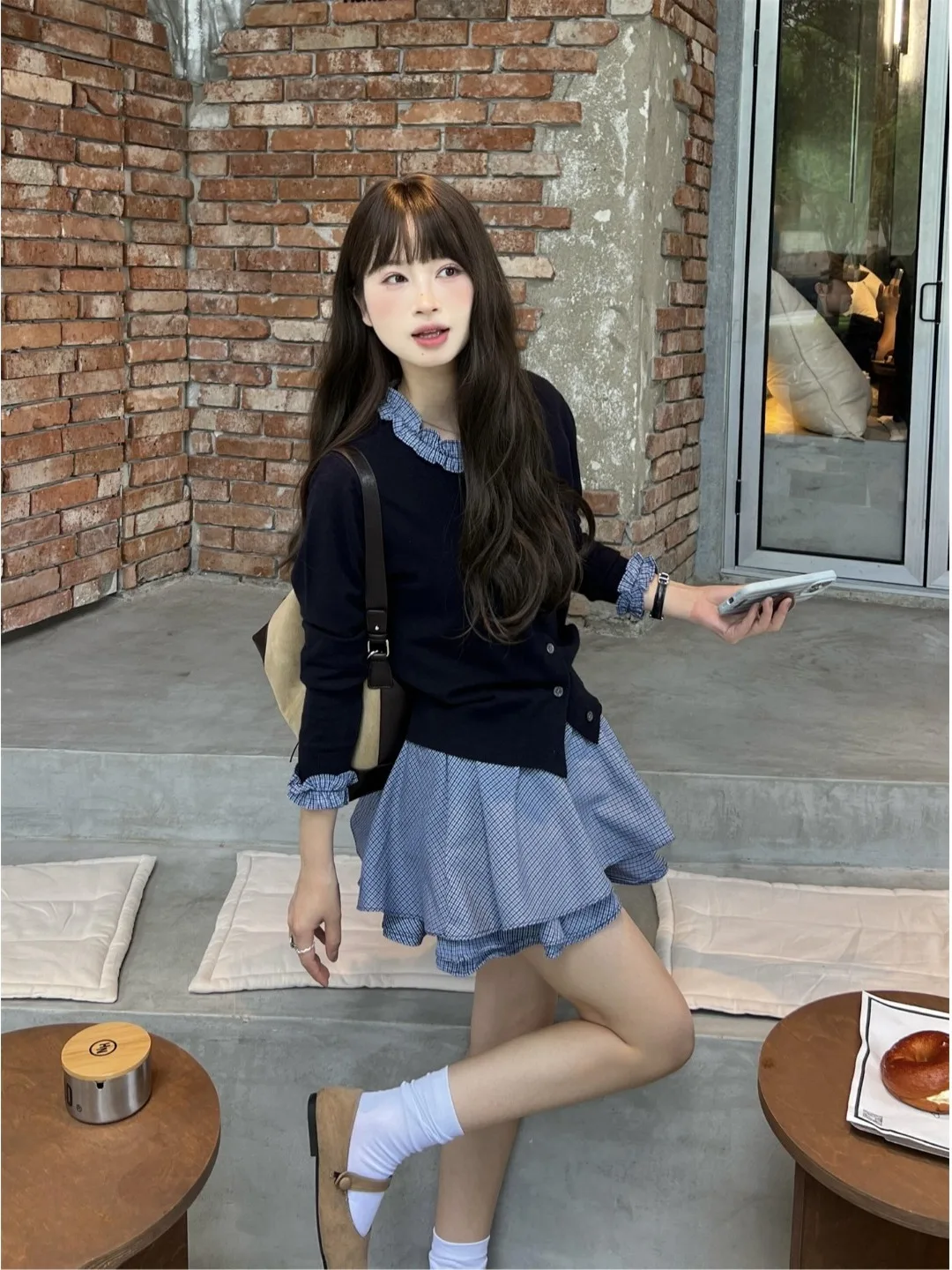 

Sweet And Spicy Knitted Set Women's Spring 2026 New Wood Ear Splicing A-Line Plaid Skirt Two-Piece Suit Casual Wear