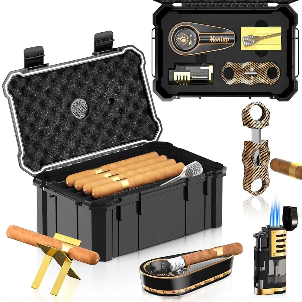 

Travel Cigar Humidor Set with Torch Cigar Lighter, V Cigar Cutter, Cigar Ashtray, Cigar Holder, Humidifier & Hygrometer, Port