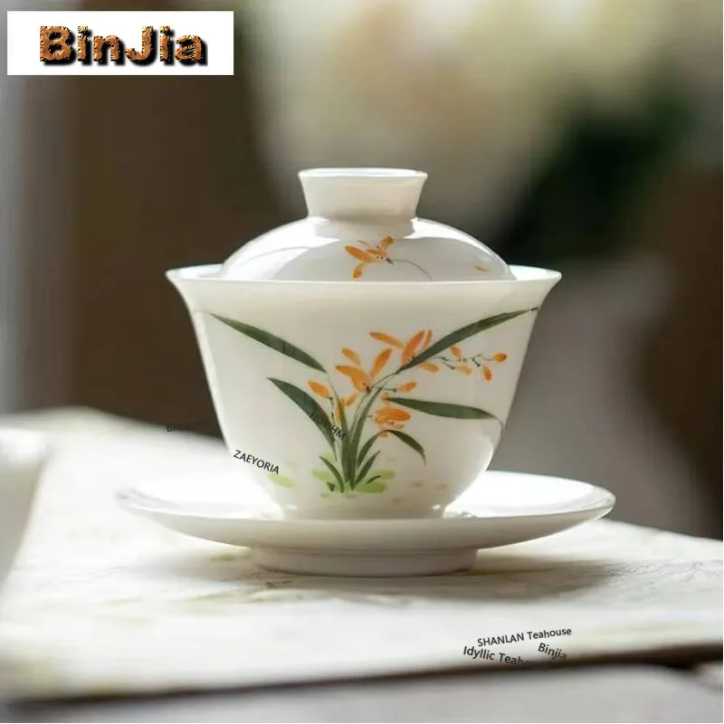 150ml Hand Drawn Orchid Gaiwan Handmade Tea Tureen Tea Bowl With Lid Kit Tea Brewing Cover Bowl Kung Fu Tea Set Supplies Gift