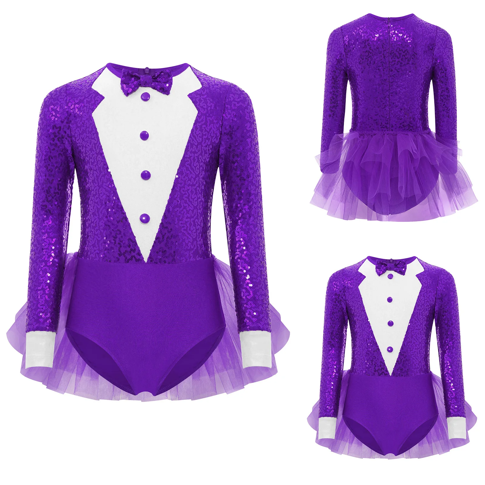 

Girls Jazz Dance Bodysuit Sparkly Sequins Long Sleeve Round Neck Skirted Leotard Latin Jazz Leotard for Figure Skating Show