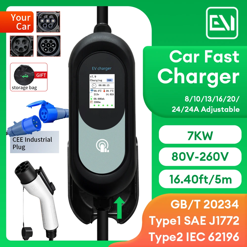 

EV Portable Car Charger, Fast Charging Type2 Type1, J1772 GB/T, 7KW 32A, 5M EVSE with CEE Plug, 7 Types Adjustable of Currents