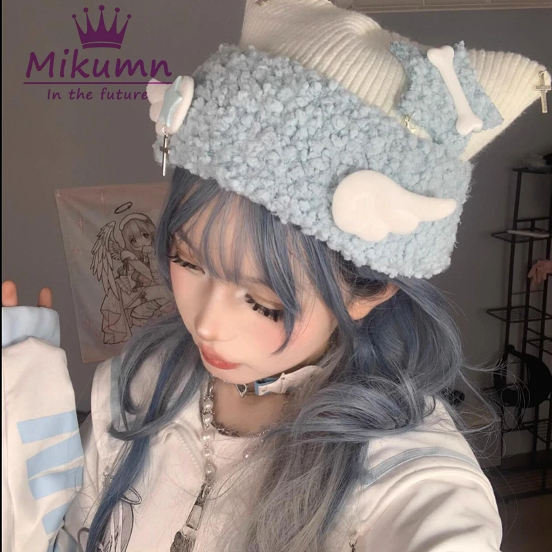 Gorro con alas de Ángel para mujer, gorro de punto cálido, estilo Harajuku, gótico, Lolita, Y2K, japonés, Estrella cruzada, hueso, oreja de gato,