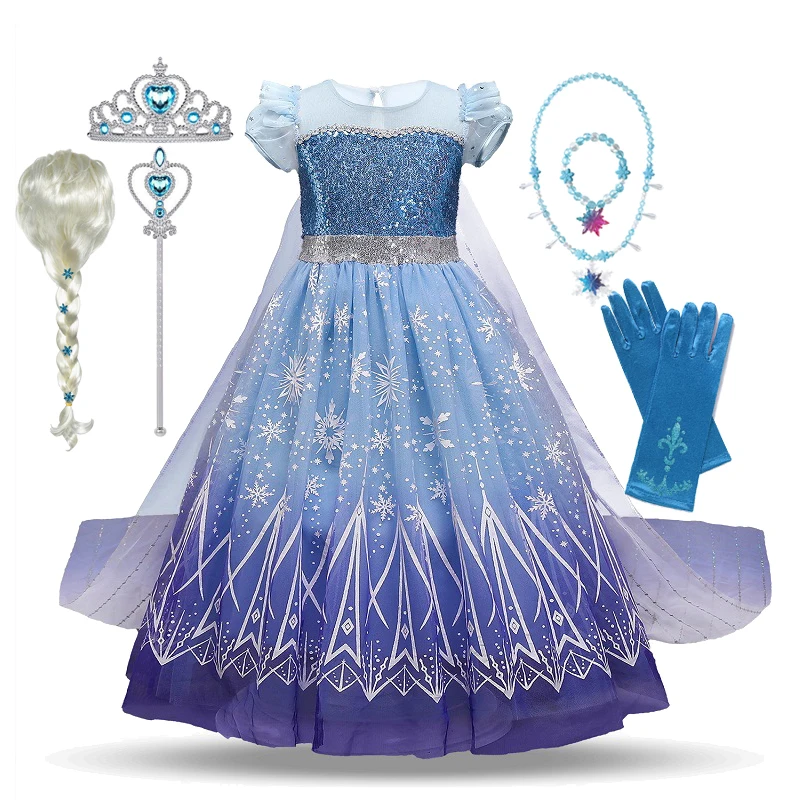 Disney Girl Princess Costume Children Elsa Sequin Fantasy Kids Cosplay Frozen Snow Queen Clothes Halloween Carnival Party Dress