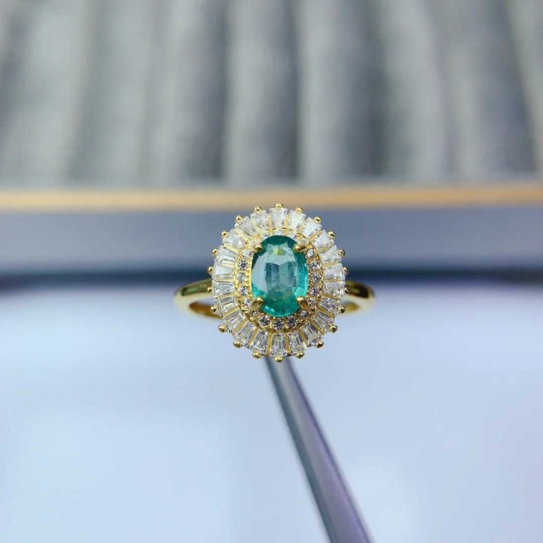 Luxury Natural Emerald Ring S925 Pure Silver Fashion Jewelry Brilliant Precious Stone Stylish Female Festival Jewelry 5*7mm