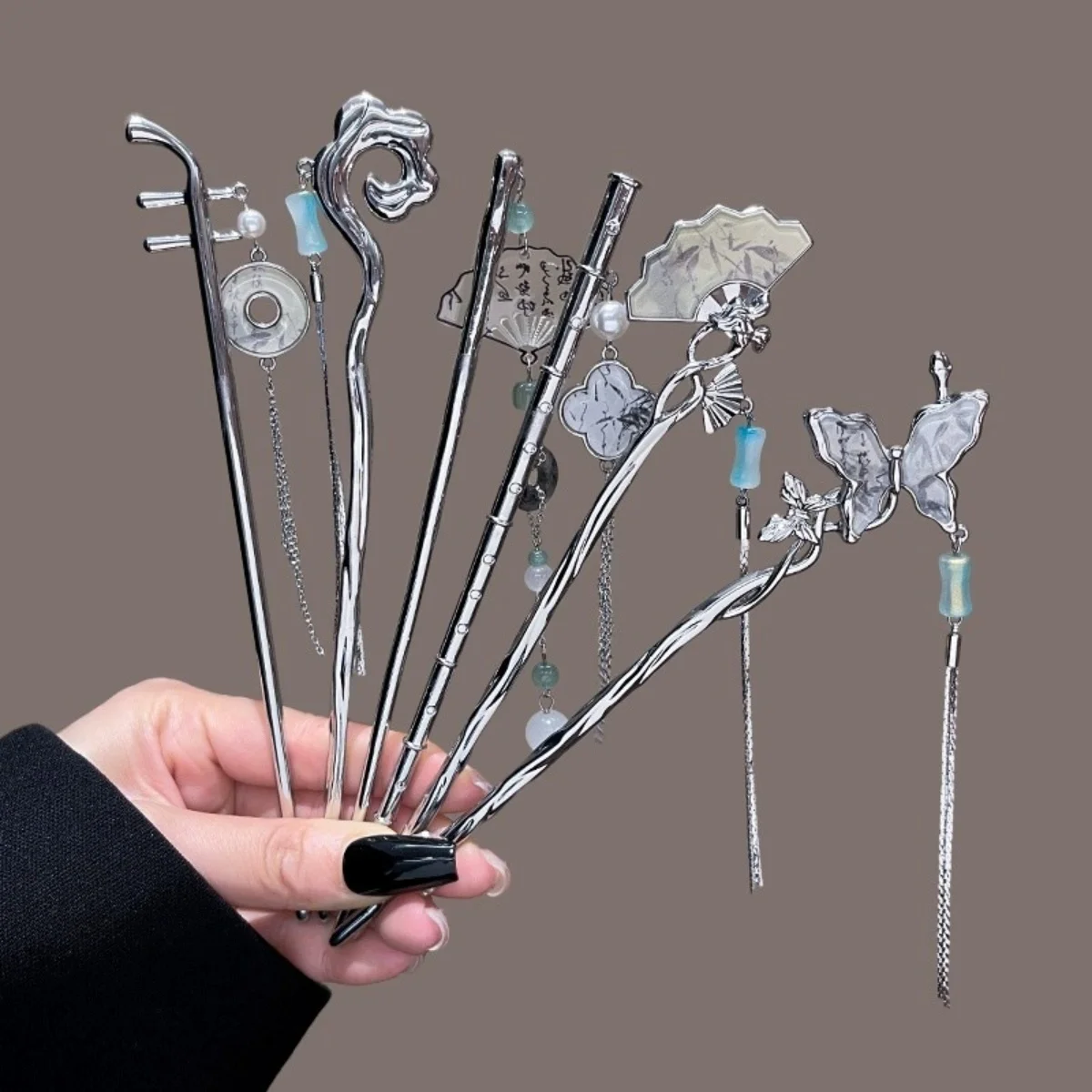 Mode Metall Schmuck Haarnadel Für Frauen Tinte Waschen Stil Folding Fan Erhu Schmetterling Quaste Haar Stick Mädchen Trendy Haar Zubehör