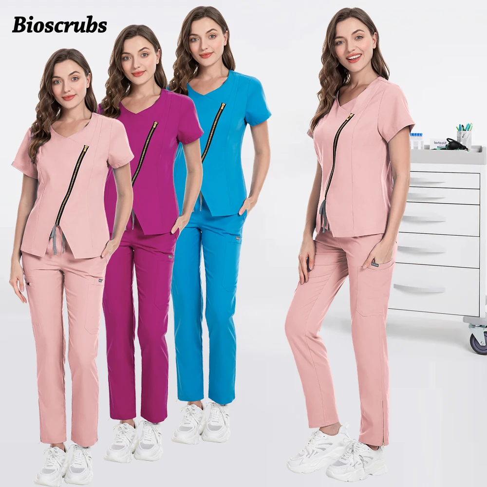 الراقية ملابس التجميل غرفة العمليات الدعك الطبية مجموعة طبيب الأسنان وزرة النساء ممرضة أعلى + السراويل مستشفى الصيدلة بدلة التمريض