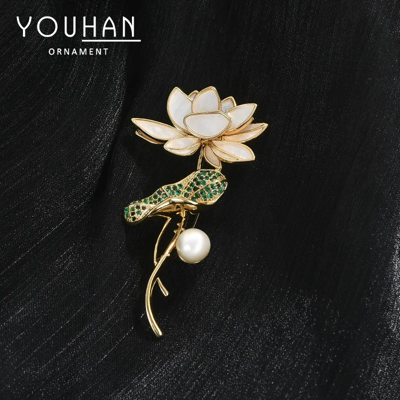 النمط الصيني المينا لوتس ليف دبابيس قذيفة الطبيعية زهرة لؤلؤ المياه العذبة دبابيس أنيقة بدلة الحفلات مجوهرات اكسسوارات هدية