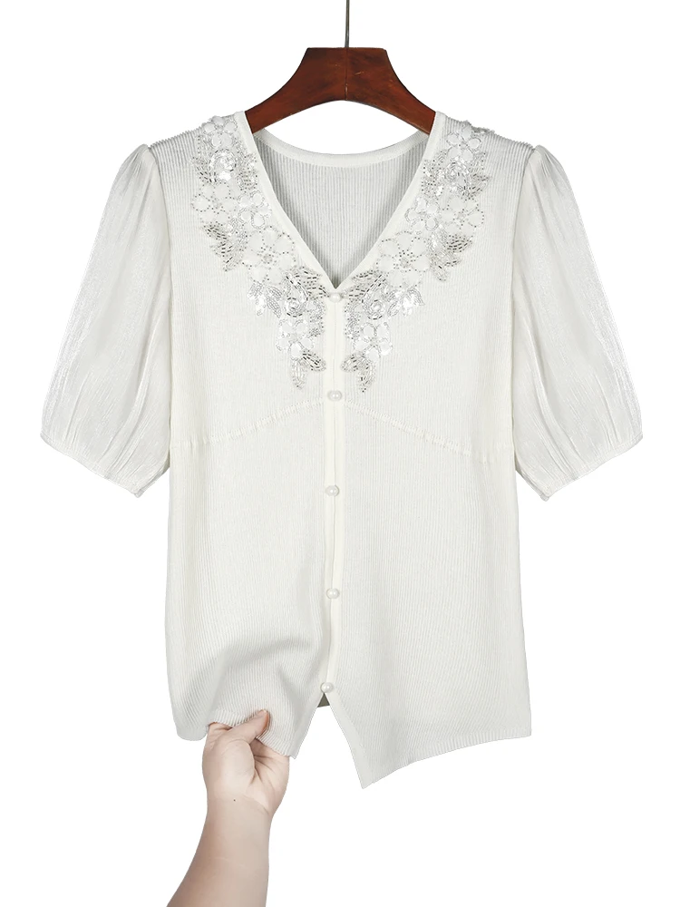 2024 Summer Vintage Embroidered Lantern Sleeves V-neck Chiffon Knit Top Women\'s Western Style Unique Design Loose White Shirt