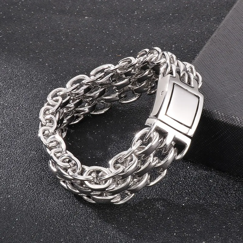 Fongten 24cm Charm Bracelets For Men Stainless Steel Three Layers Braid Link Chain Bracelet Bangle Gold Silver Color Jewelry