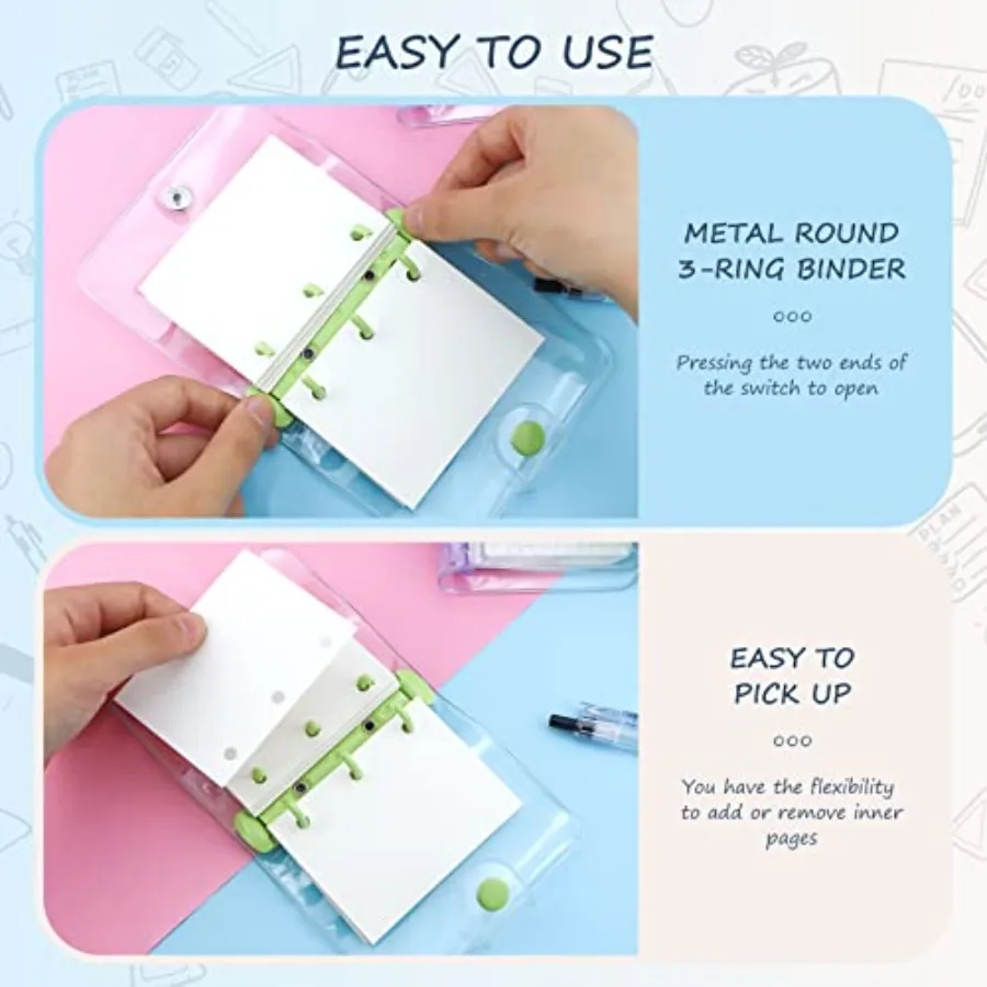 4 Pack Mini Transparent 3 Ring Binder Cove with Inner Paper and Pockets Clear Soft PVC Notebook Closure Loose Leaf Folder Round