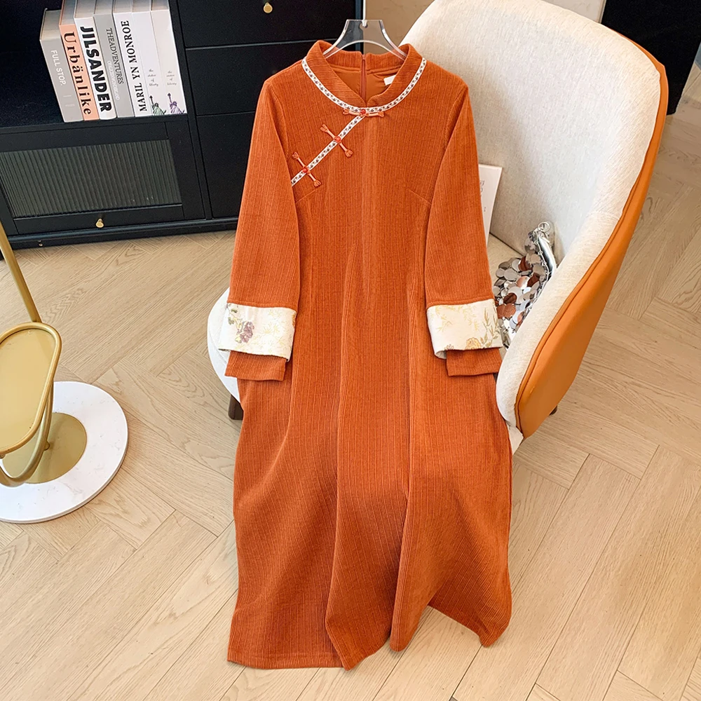 

Winter plus size women's tangerine casual relaxed comfortable long sleeve slit dress Chinese improved cheongsam dress 2024 new