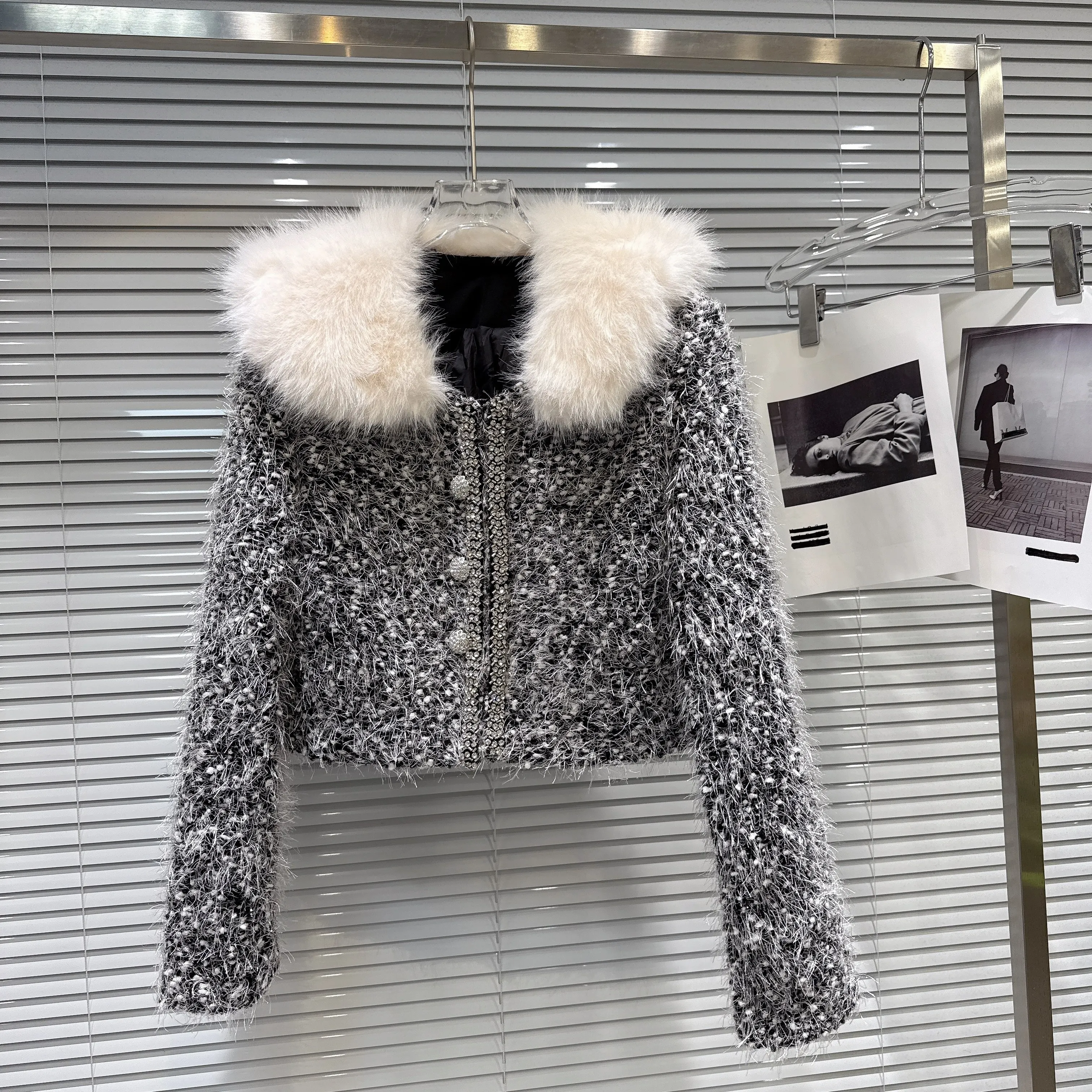 Style coréen élégant mode Socialite col en peluche à manches longues vers le bas manteau court paillettes Mini jupe deux pièces ensemble pour les femmes hiver