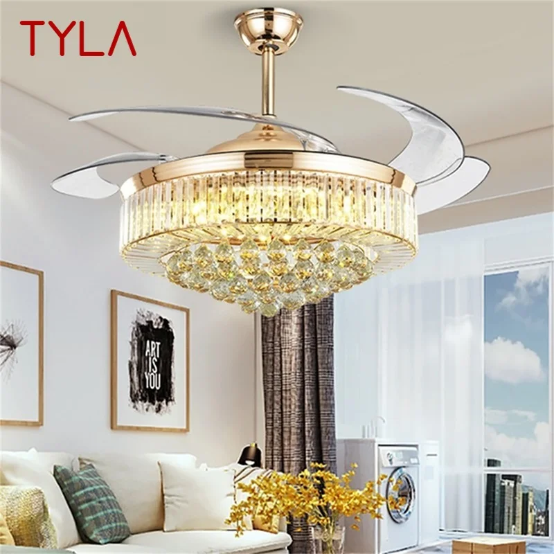 TYLA Ceiling Fan Light Invisible Luxury Crystal Silvery LED Lamp With Remote Control Modern For Home