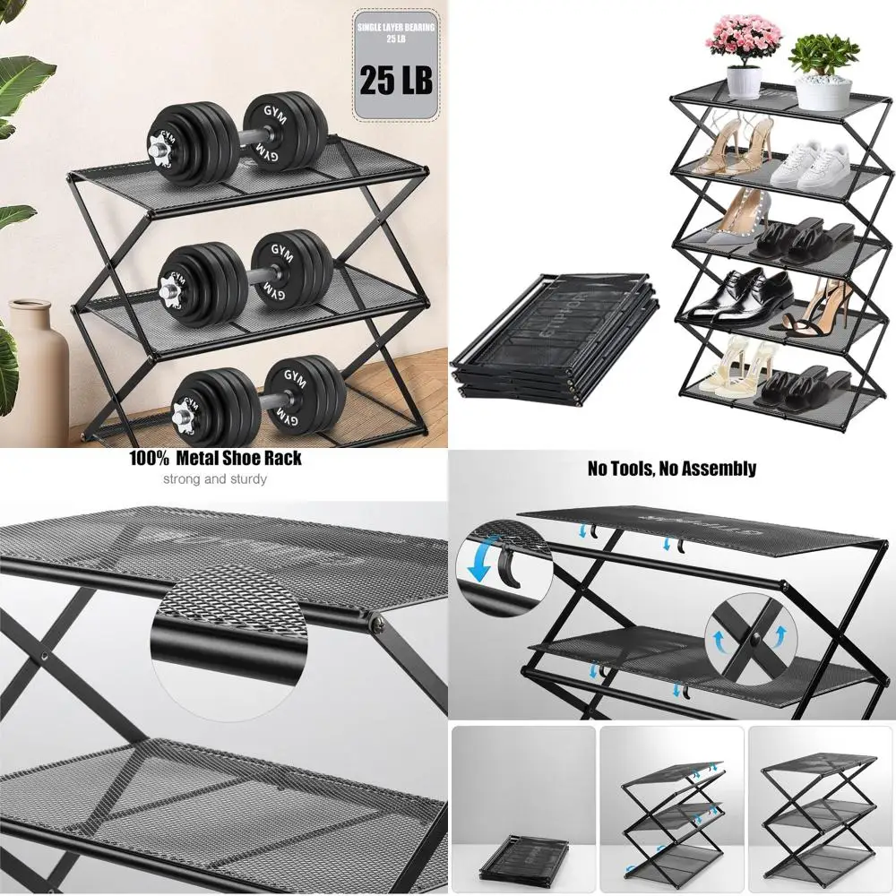 

5-Tier Foldable Metal Shoe Rack - Collapsible Storage Organizer for Entryway, Living Room, Black