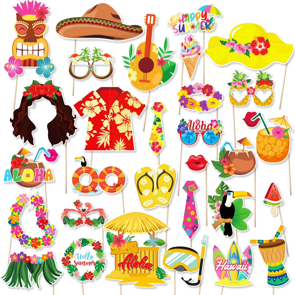 30Pcs Tropical Hawaii Theme Flower Guitar Photo Booth Props for Summer Luau Beach Birthday Wedding Party Props Decoration