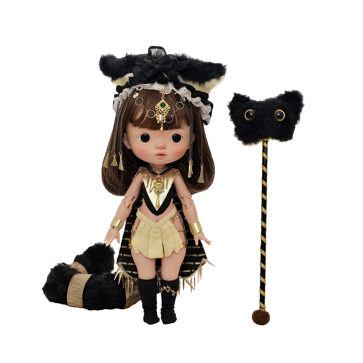 ShugaFairy Xavi D 1/6 BJD المصري - تشيبي باستيت آلهة القط الأسود القطيفة باتون اليدوية الراتنج مجموعة كاملة تحصيل