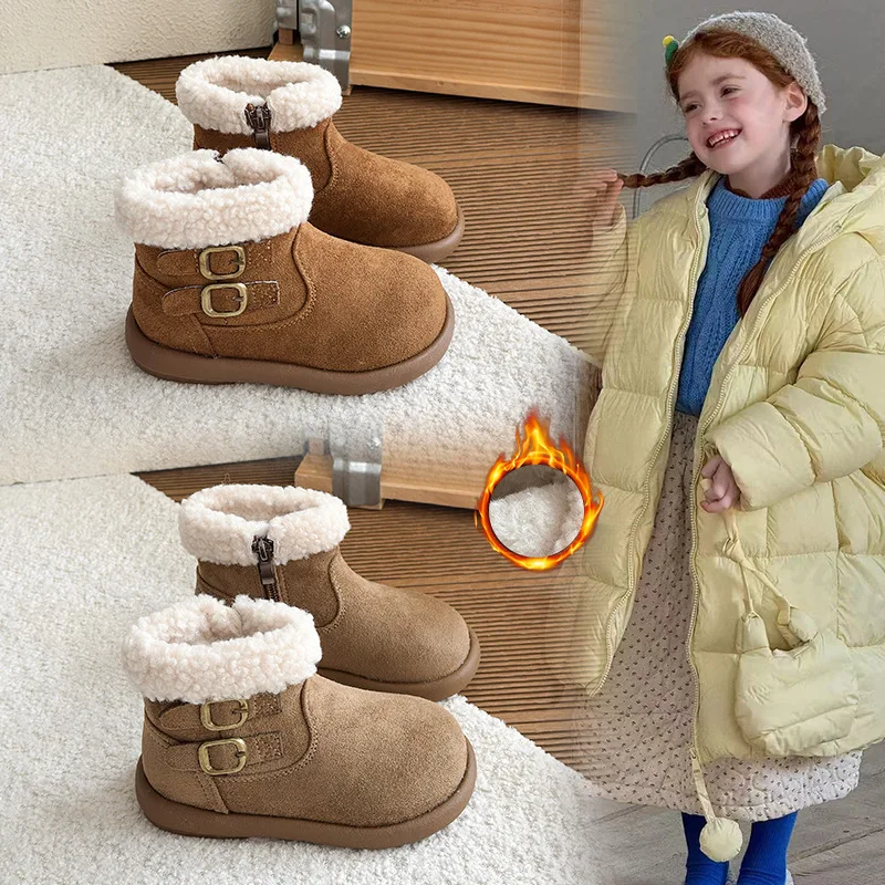 

Winter Children Snow Boots 2026 Warm Plush Buckle Girls Boots Comfortable Non Slip Ankle Boots Fashion Outdoor Kids Cotton Shoes