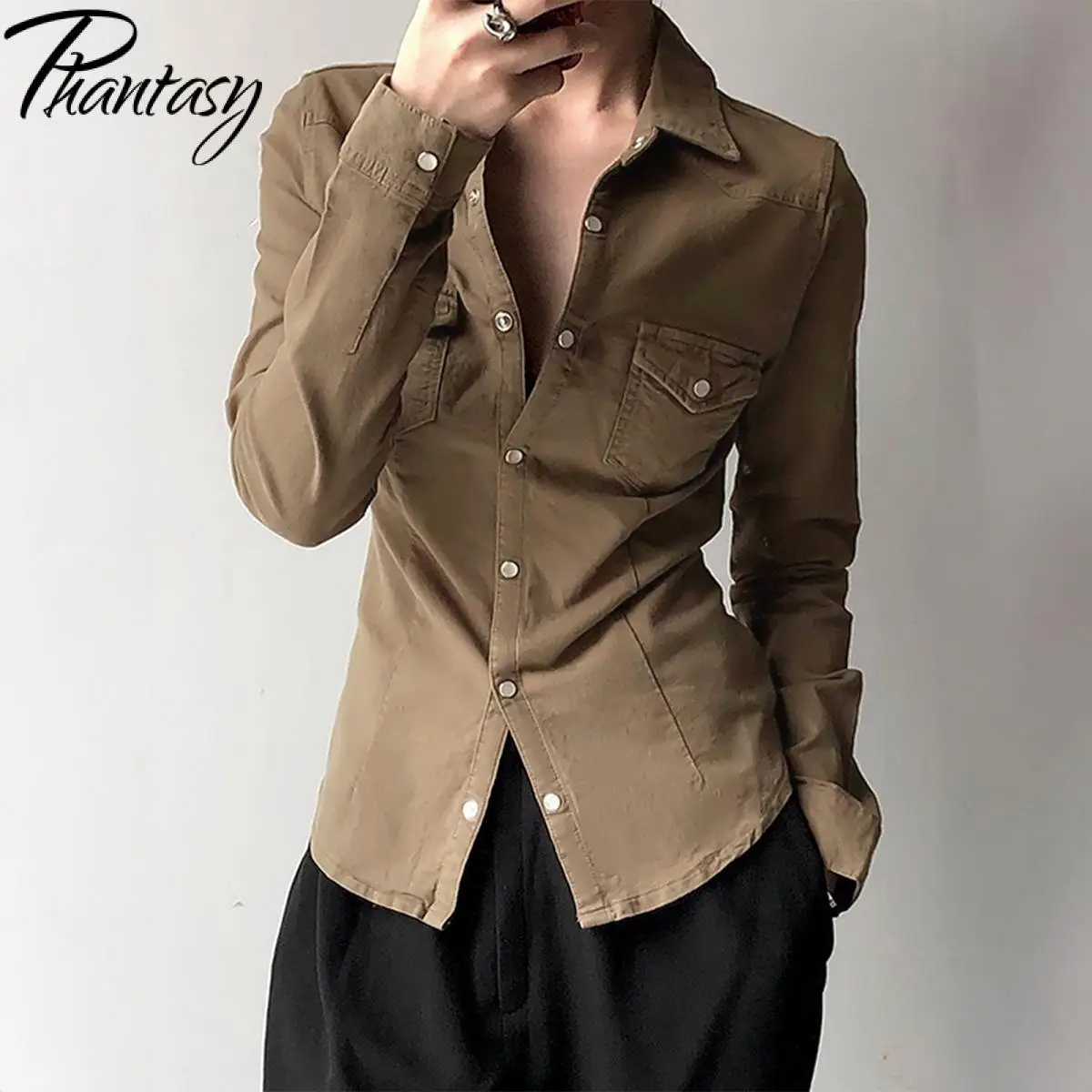 

Phantasy Минималистичная однотонная рубашка с длинными рукавами, модная коричневая приталенная рубашка на пуговицах, винтажная женская одежда 2025 года