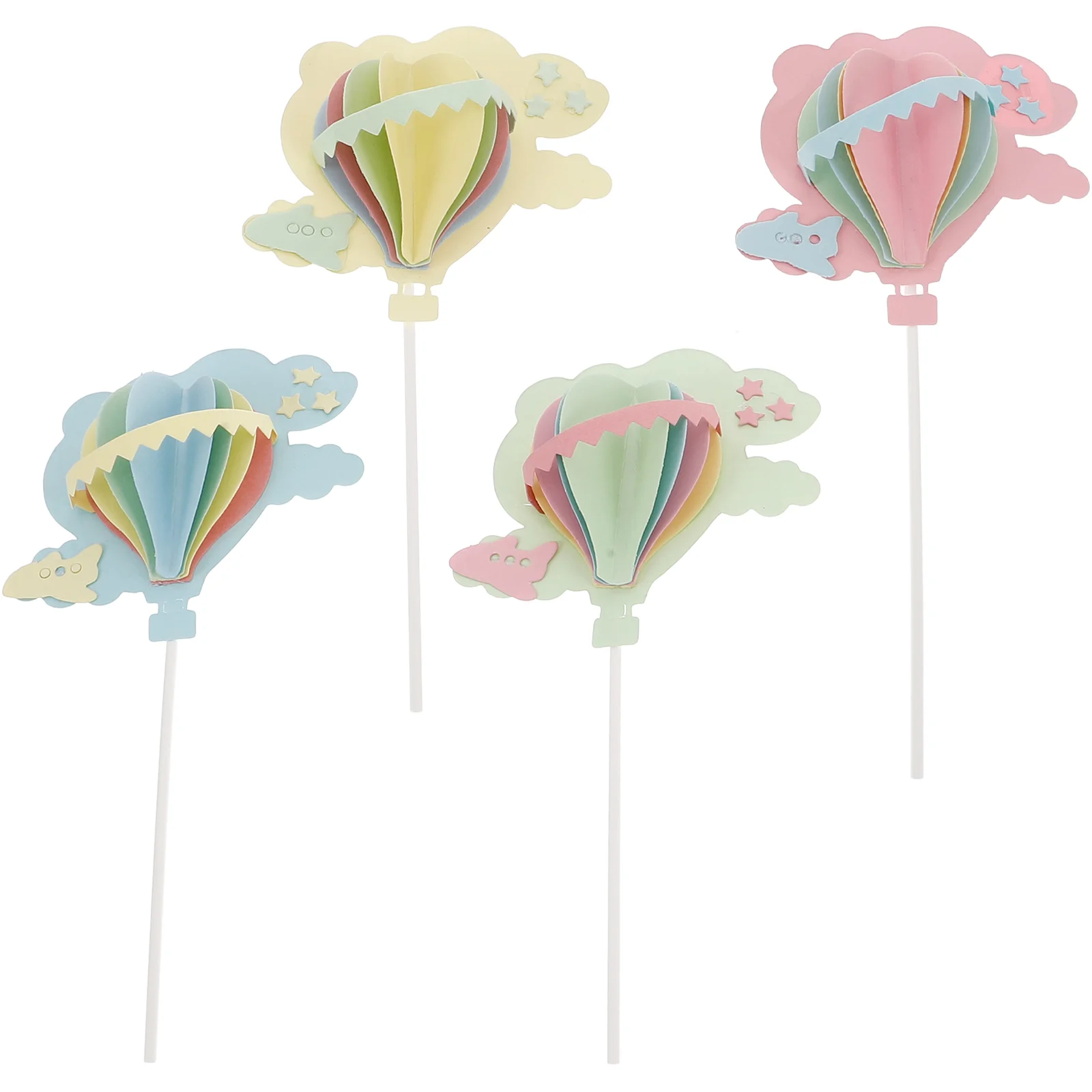 4 stuks 3D Wolken Heteluchtballonnen Cake Topper Party Cake Pick Cake Decoraties (Blauw, Roze, geel, Groen)