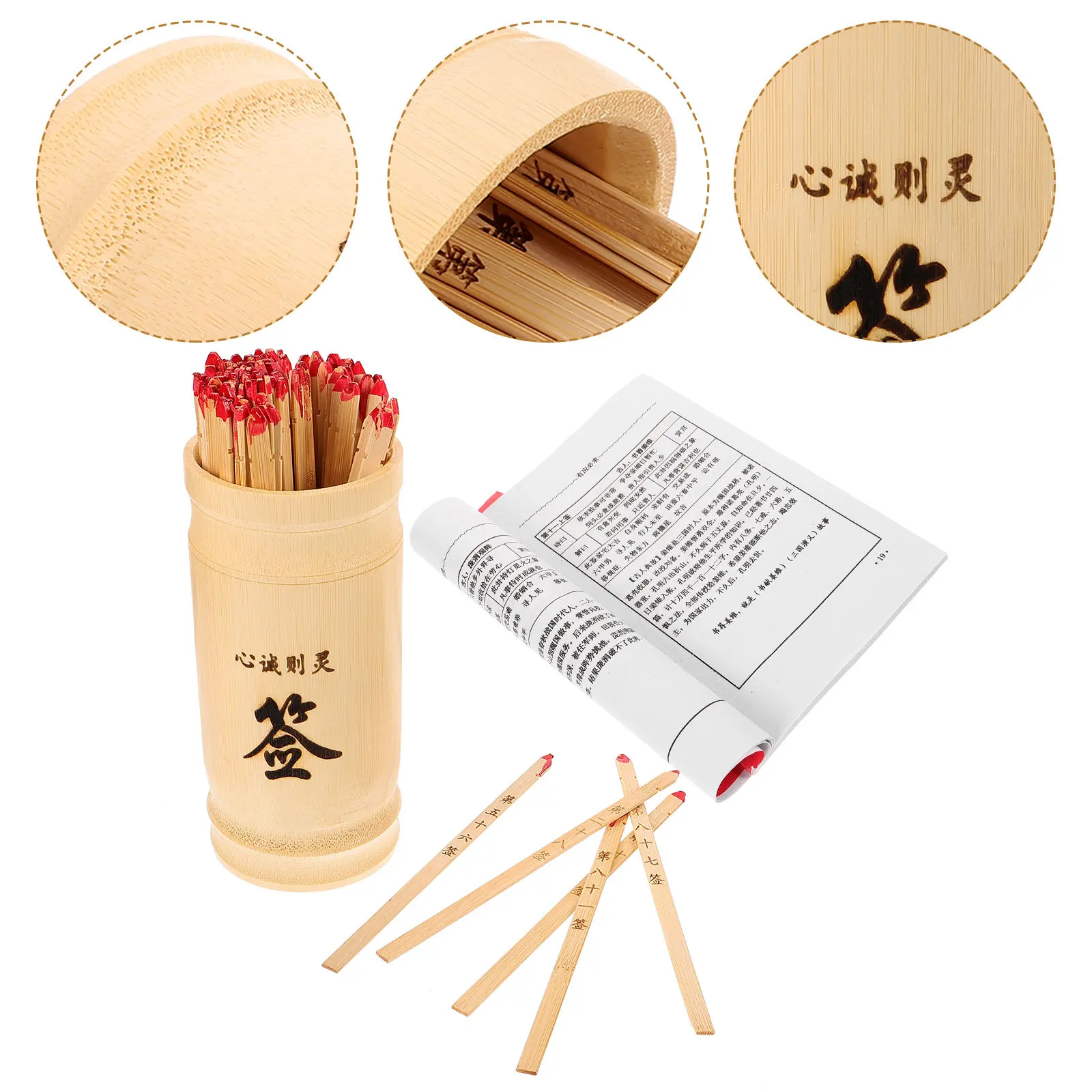 

1Set Chinese Buddhist Fortune Sticks Bamboo Divination Prop Vintage Style Fortune Sticks Bucket Book Kit for Temple Party