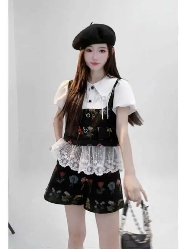 Elegant Lace Splice Summer Outfit Women's High Waist Skirt And  Shirt Two-Piece Set Breathable Polyester Fiber Short Sleeve