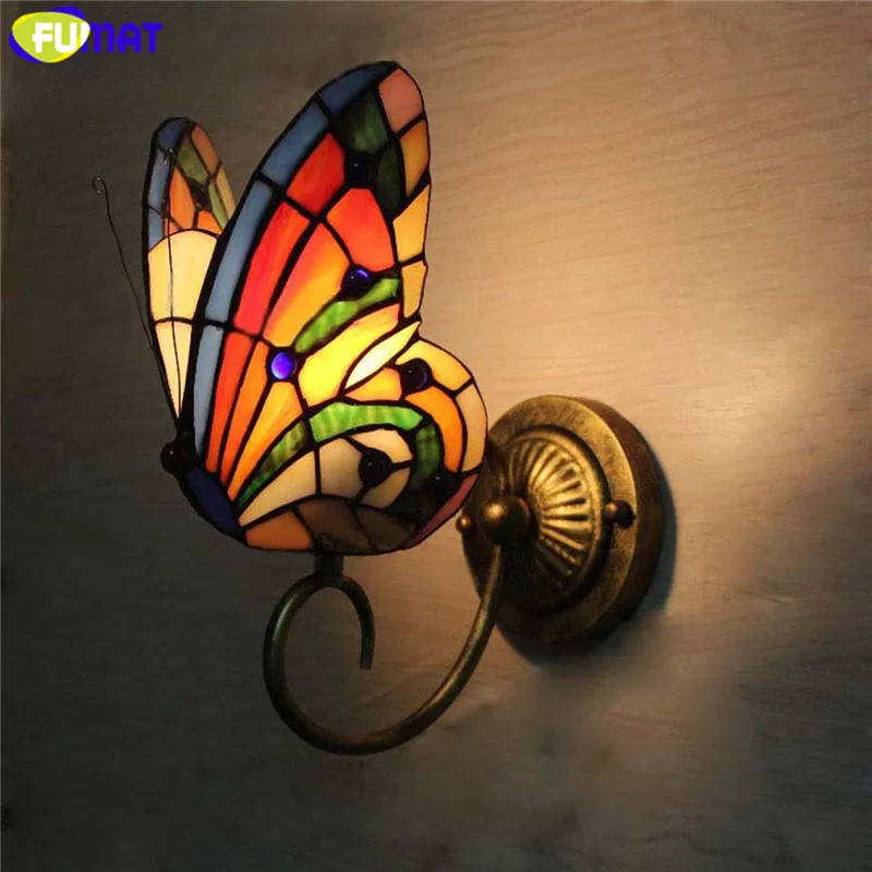 

FUMAT Tiffany Wall Lamp Butterfly Stained Glass Shade Wall Sconces Lights Fixtures LED E26 E27 Bedside luminaria mirror light