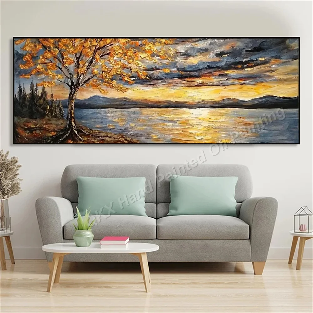 Impasto Handmade Oil Painting on Canvas - Golden Autumn Tree Lake Sunset Long Horizontal Wall Art Decor for Living Room