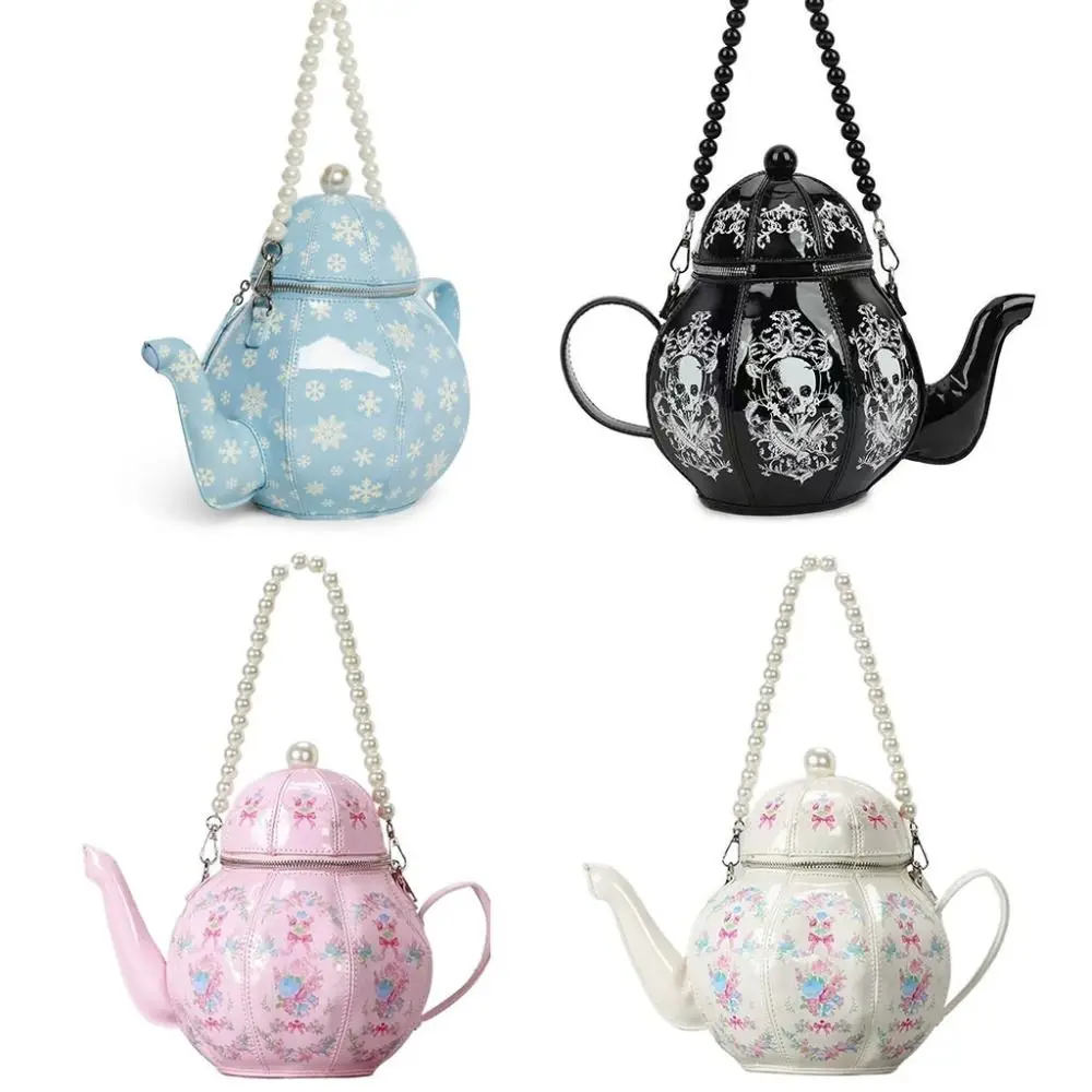 PU Leather Teapot Design Handbags Pearl Chains Creative Crossbody Shoulder Bag Vintage Floral Pattern Purse for Girls for Women