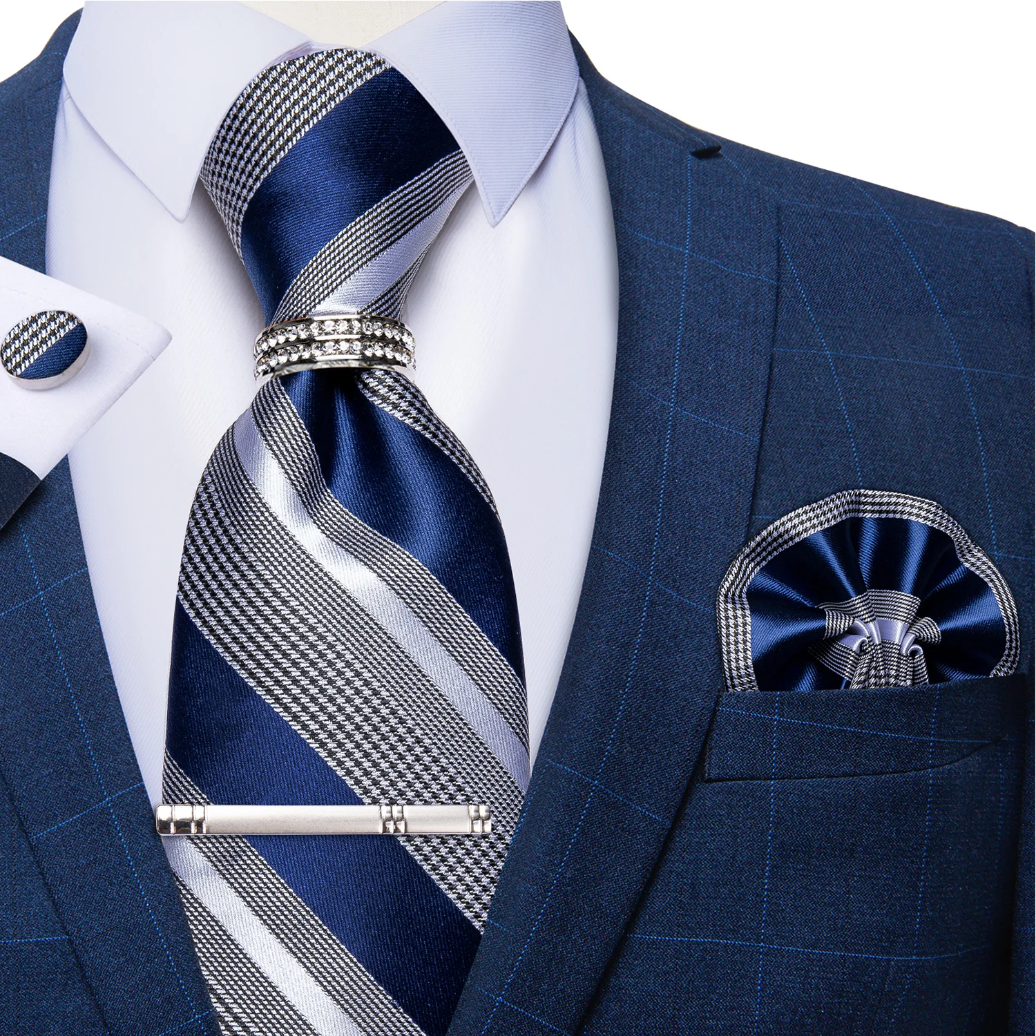 Blue Striped Luxury Silk Ties for Men with Silver Ring Tie Clip Formal Business Wedding Accessoreis Cravat Gift for Husband