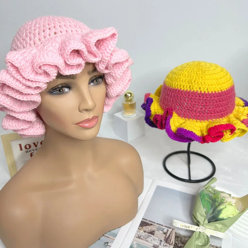 قبعة دلو مخروطية الشكل مصنوعة يدويًا من الكروشيه - قبعة صياد بحافة مكشكشة للنساء، قبعة أنيقة للحماية من الشمس
