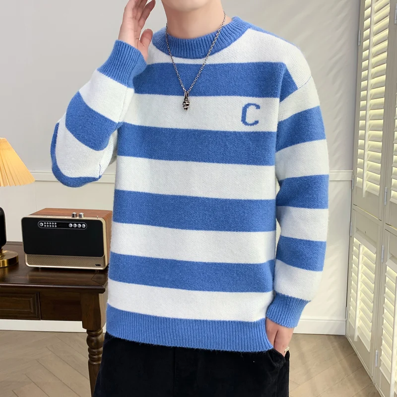 

Мужской вязаный свитер Thiened f с высоким воротником для учащихся младших классов средней школы, осень-зима, в полоску, модный Ciwalk Ba...