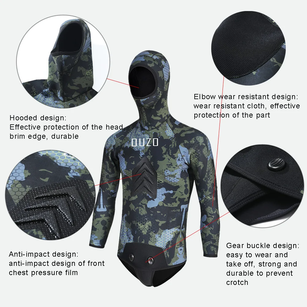 Neoprene Spearfishing Wetsuit dos homens, Open Cell, Camuflagem Terno Mergulho, caça, mergulho, Kitesurfing, 5mm, 2Pcs Set