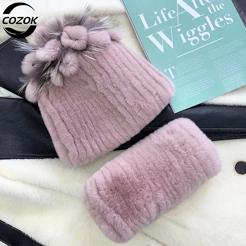 2024 New Winter women Warm Real Rex Rabbit Fur Hat With Natural Rex Rabbit Fur Scarf 2 Pieces Sets Fashion Headgear And Muffler