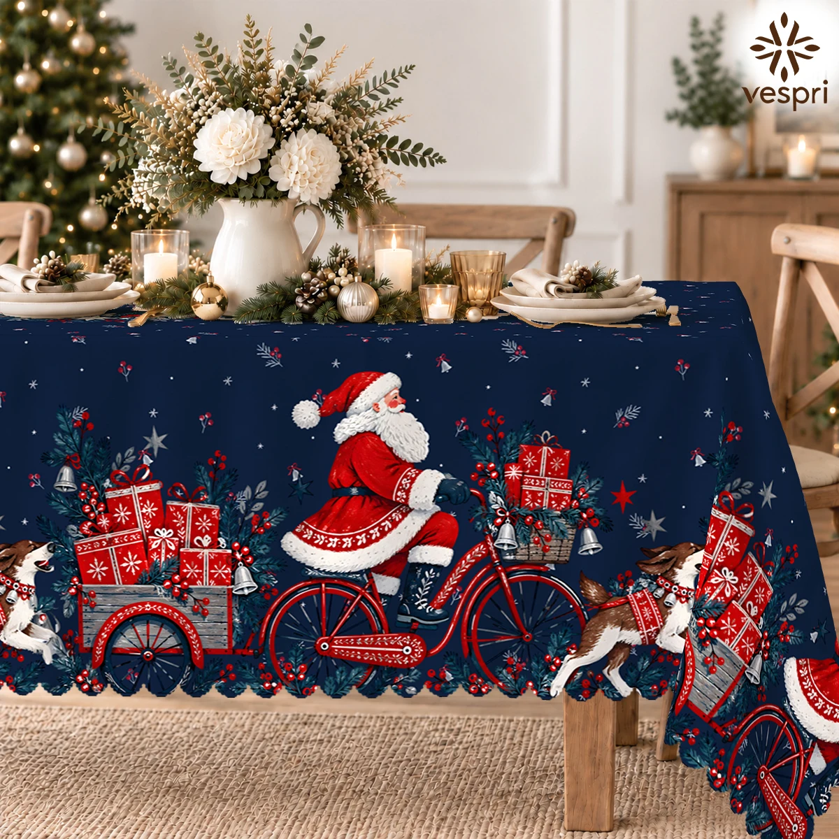 Festive Christmas Tablecloth with Holiday Trains & Santa for Indoor/Outdoor Camping decor, Rectangular/Round/Oval