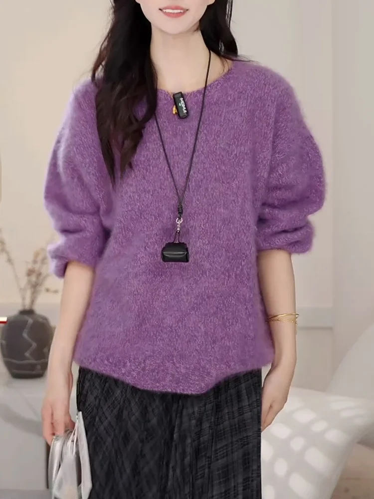 

Корейский модный фиолетовый вязаный свитер с круглым вырезом, осенняя новинка, большие размеры, женский свитер, комфортный и теплый, с длинными рукавами