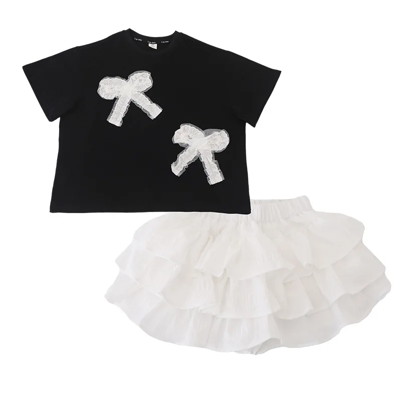 

T-shirt + Short Cake Skirt 2Pcs Sets Teen Clothing Suit Sweet Kids Short Sleeve Outfits Girls Clothes Summer Children's Lace Bow