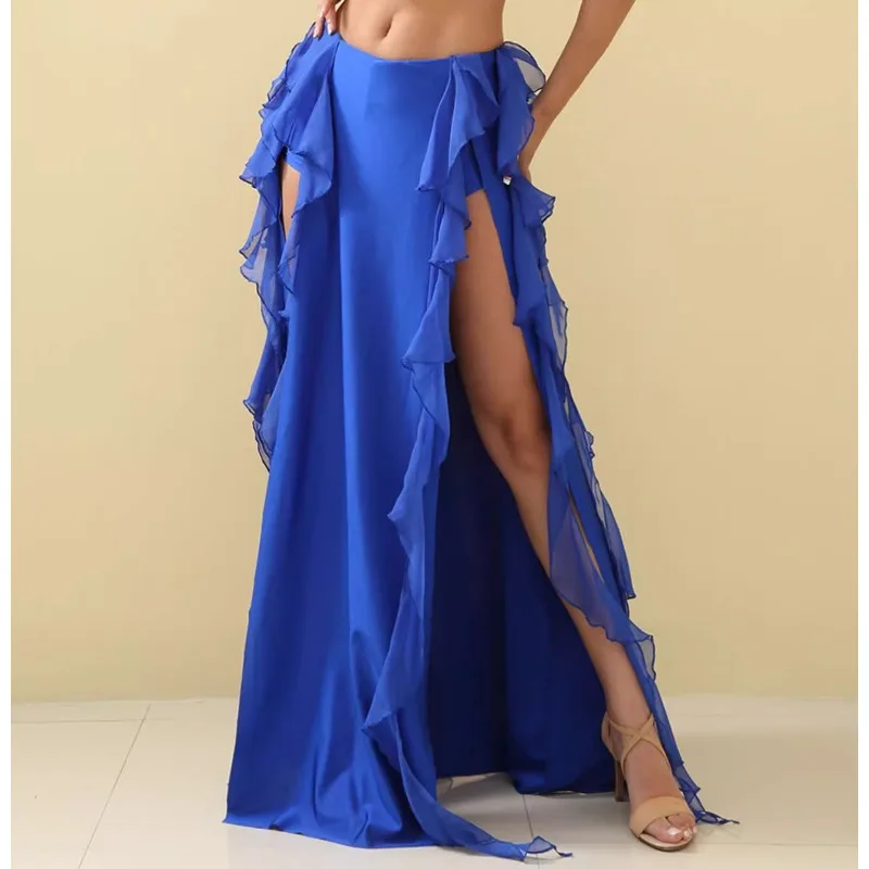 ชุดฝึกเต้นระบำหน้าท้องแบบกำหนดเอง กระโปรงครึ่งตัว ทรงสองชั้น สำหรับผู้เริ่มต้น กระโปรงบานใหญ่ เซ็กซี่และสง่างาม กระโปรงยาว