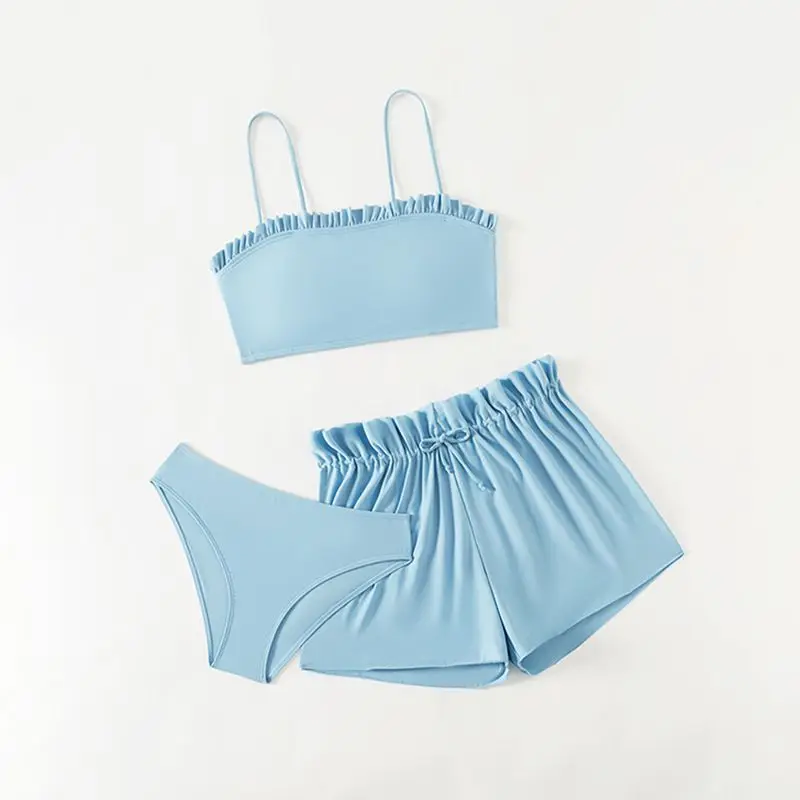 

Children Girls Solid Color Simple 3Pcs Bikini Set Sleeveless Camisole Shorts with Briefs Bathing Swimsuit