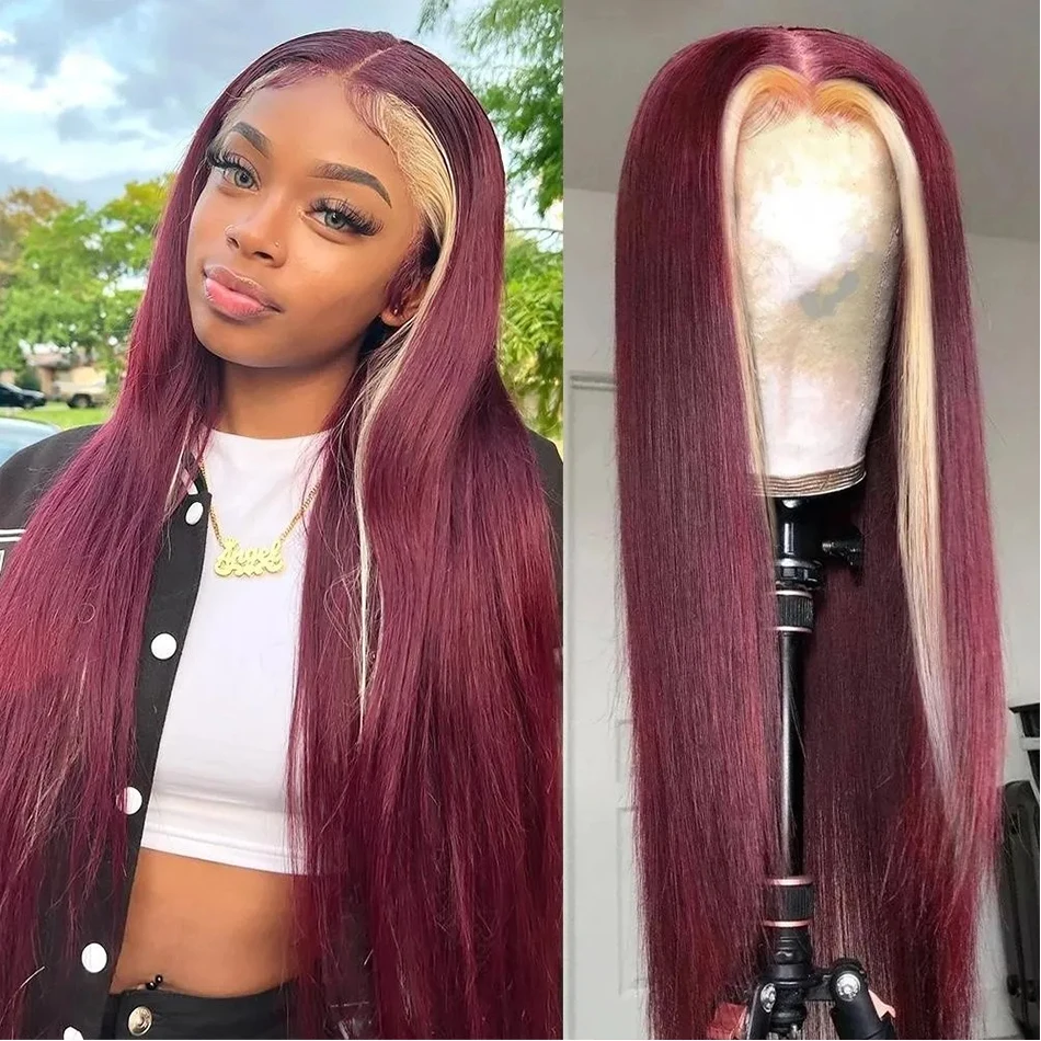 

Bone Straight 13x4 Lace Front Human Hair Wig Brazilian Remy Hair 99J Burgundy 613 Highlighted Colored Lace Frontal Wig For Women
