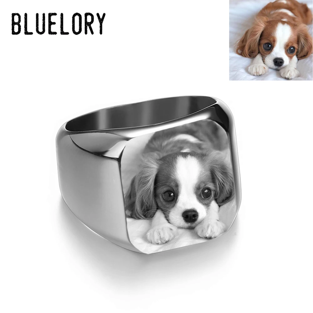 Bluelory Personalized Engrave Your Dog Cat Pet Square Rings Silver Gold Black Color Stainless Steel Custom Rings For Dog Lovers