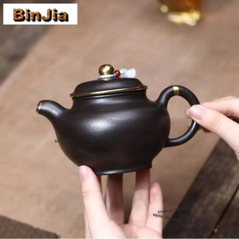 340ml Classic Yixing Purple Clay Teapots Handmade Gold Drawing Duo Zhi Pot Raw Ore Black Zhu Mud Kettle Zisha Tea Set Supplies