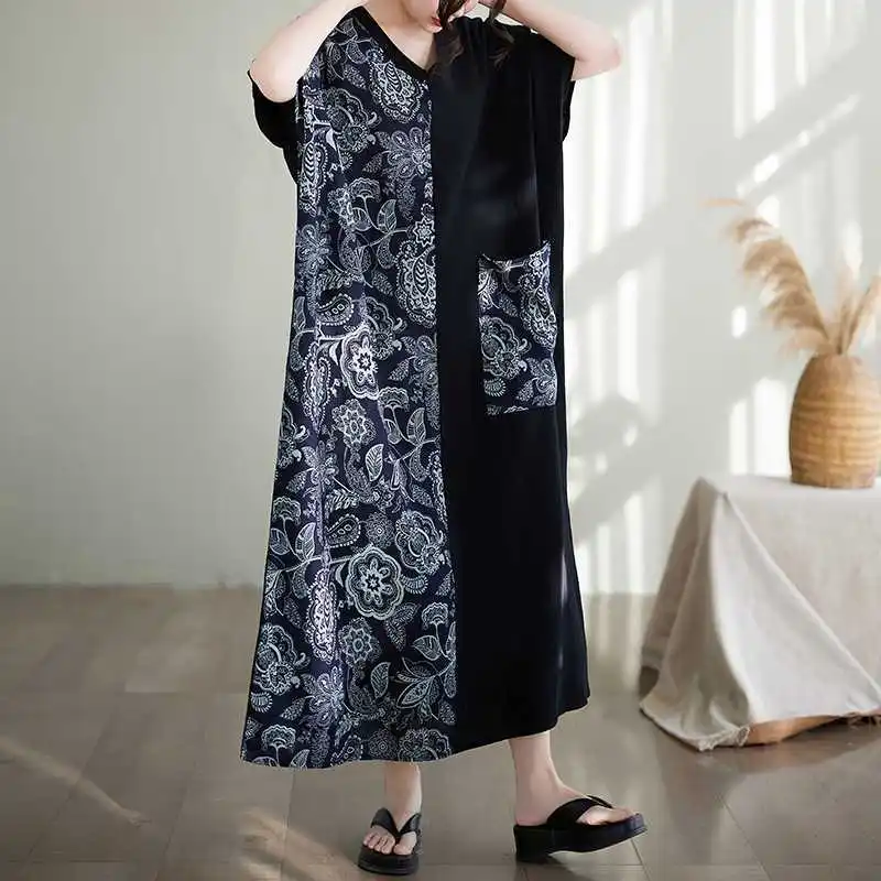 빈티지 v 넥 꽃 패치 워크 맥시 드레스 반팔 플러스 사이즈 여성 의류 여름 캐주얼 롱 드레스