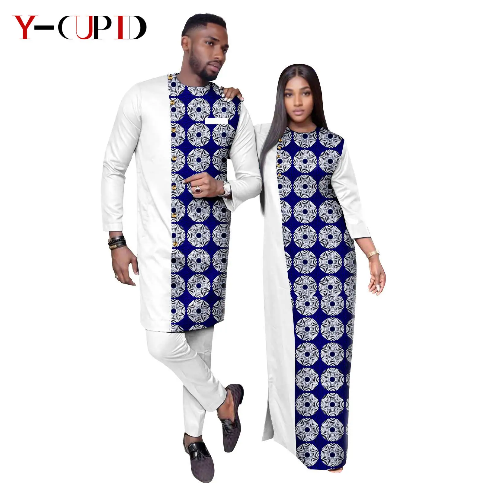 Vestidos longos soltos africanos para mulheres e homens, roupas de casal, Bazin Riche Dashiki, vestidos estampados para senhoras, festa de casamento, casal, 24C037