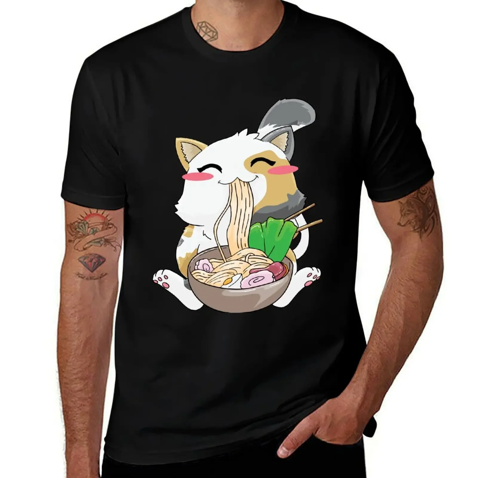 Cat Ramen Noodles Anime T-Shirt Aesthetic clothing shirts graphic tees for a boy anime clothes shirts men