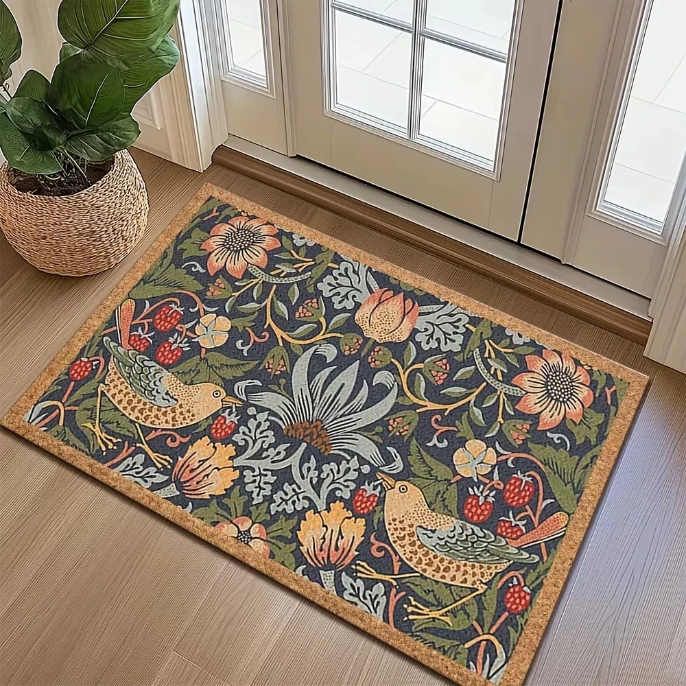 VIKAMA William Morris Style Floral Bird Doormat, Non-Slip Absorbent Entryway Rug for Indoor & Outdoor Decor
