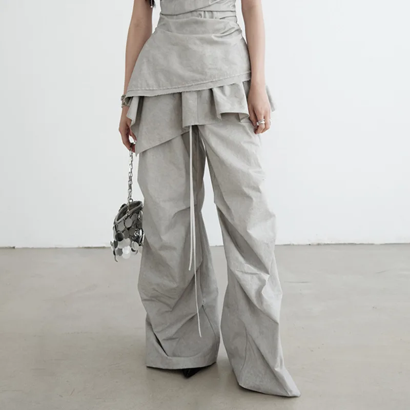 กางเกงขายาวทรงหลวมสไตล์ลำลองสำหรับผู้หญิง รุ่น HKSH คอลเลคชั่นฤดูใบไม้ผลิ/ฤดูใบไม้ร่วง พร้อมกระโปรงมินิสเกิร์ตแบบถอดได้ แต่งระบายผูกเชือก จีบพลีท ดีไซน์หรูหรา รุ่น HK12477